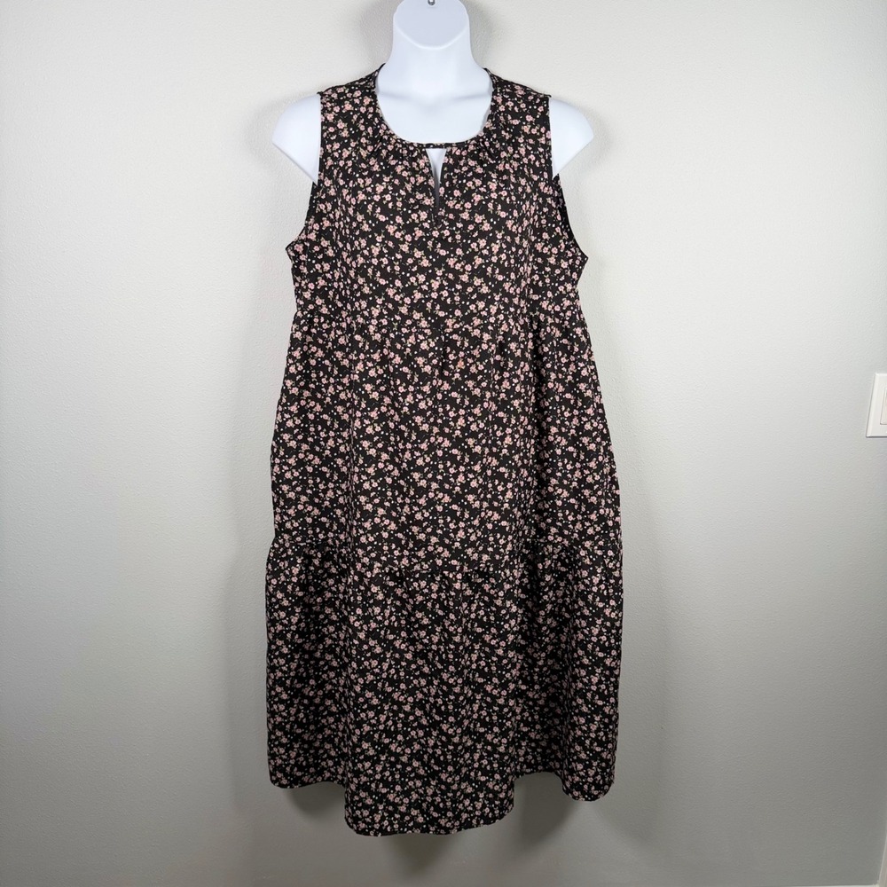 Suzanne Betro 2X Black Pink Floral Sleeveless Tiered Midi Dress Lightweight
